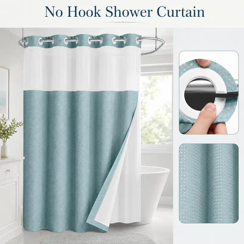 Double-Layer Waffle Shower Curtain – Waterproof Snap-In Liner & Washable White Outer Cloth, 72" × 75"