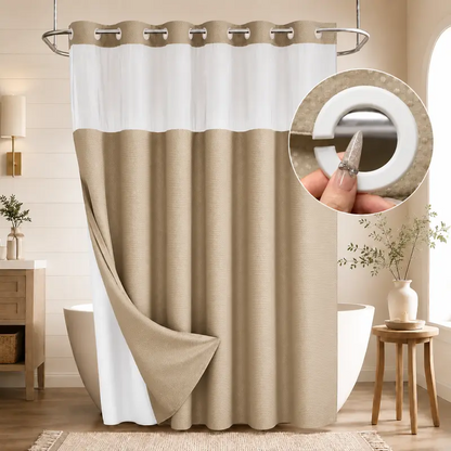 Double-Layer Waffle Shower Curtain – Waterproof Snap-In Liner & Washable White Outer Cloth, 72" × 75"