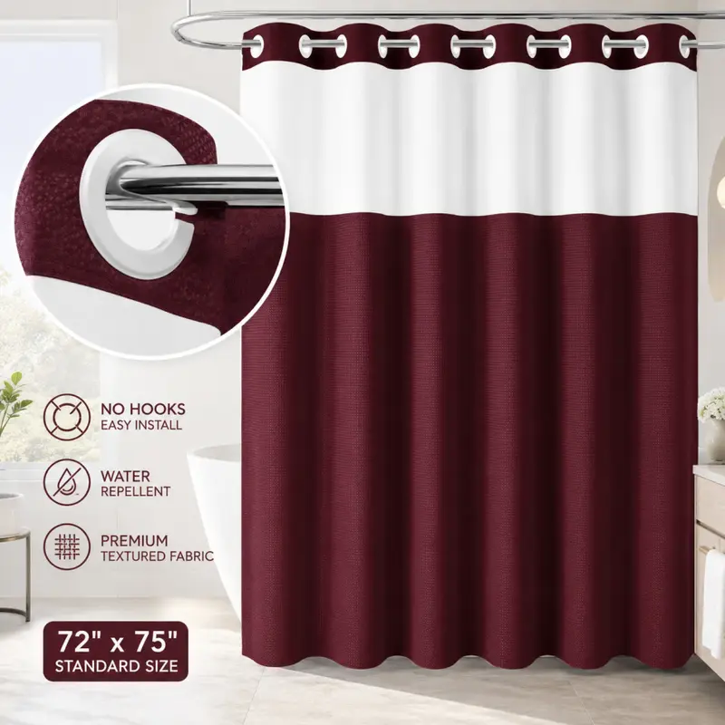 Double-Layer Waffle Shower Curtain – Waterproof Snap-In Liner & Washable White Outer Cloth, 72" × 75"