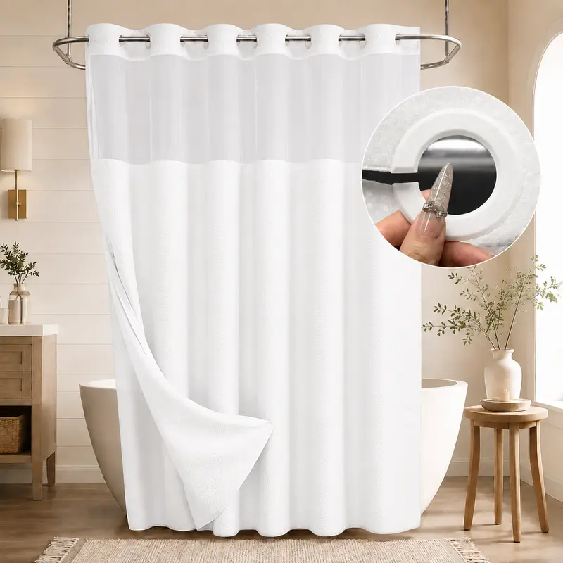Double-Layer Waffle Shower Curtain – Waterproof Snap-In Liner & Washable White Outer Cloth, 72" × 75"