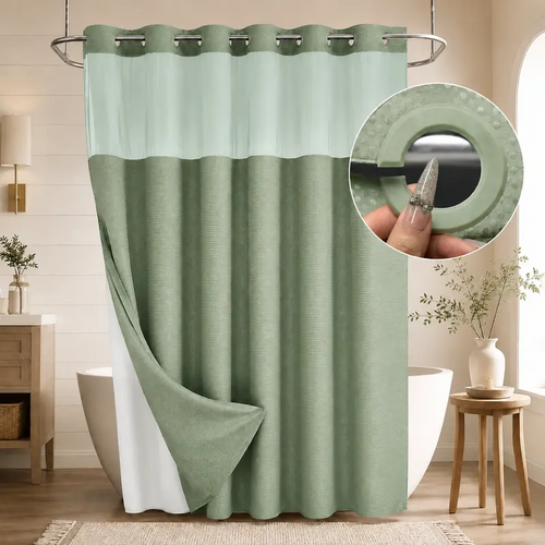 Double-Layer Waffle Shower Curtain – Waterproof Snap-In Liner & Washable White Outer Cloth, 72" × 75"