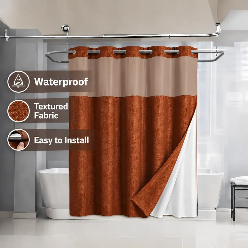 Double-Layer Waffle Shower Curtain – Waterproof Snap-In Liner & Washable White Outer Cloth, 72" × 75"