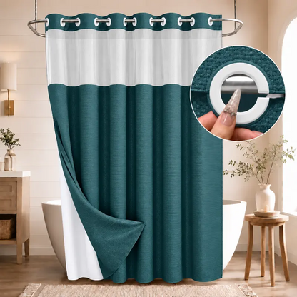 Double-Layer Waffle Shower Curtain – Waterproof Snap-In Liner & Washable White Outer Cloth, 72" × 75"